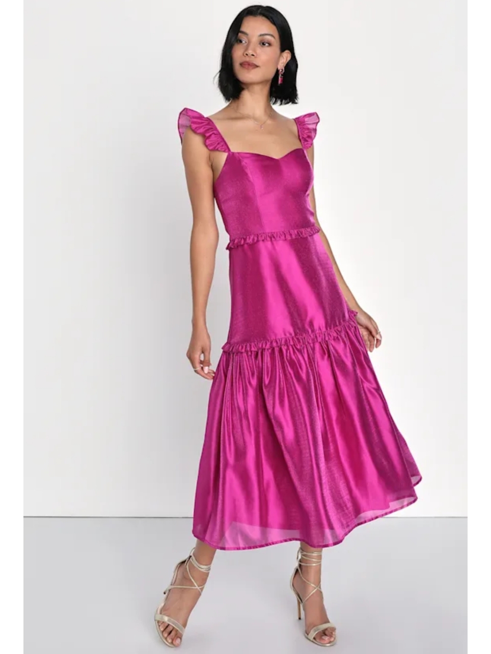 Lulus Effervescent Aesthetic Magenta Tiered Ruffled Midi Dress